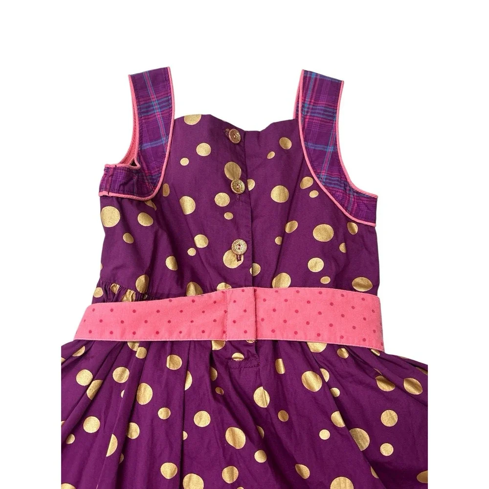 Matilda Jane Plum Gold Polka Dot Plaid Belted Dress With Tulle & Pockets Girls 6